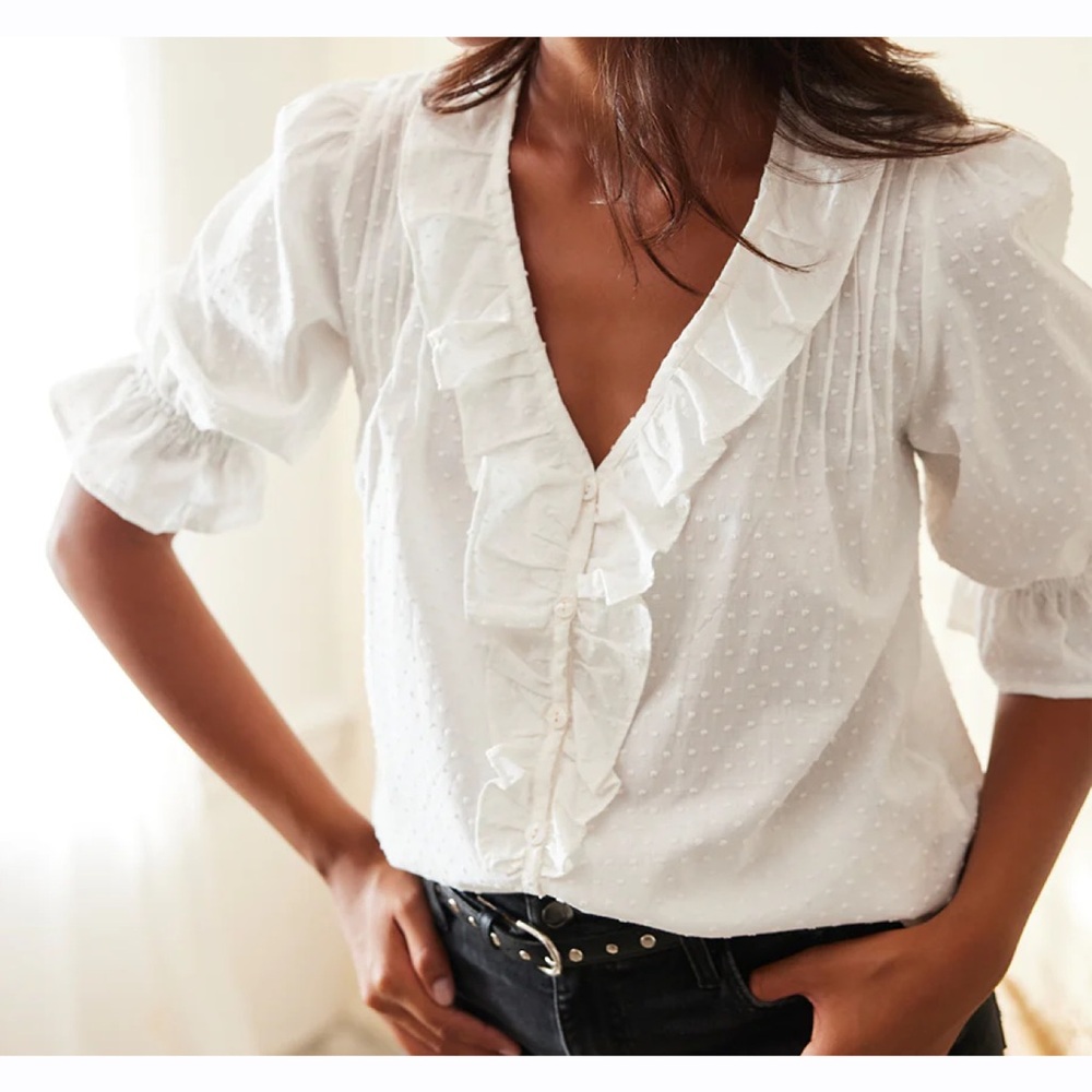 Paneros Chloe Swiss Dot Ruffle Blouse Off White‎ XL Button Front 3/4 Sleeve NEW